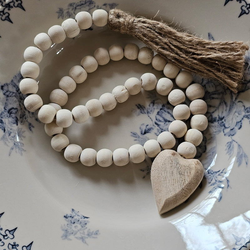 Wood Bead Rope with Carved Heart - Farmhouse Wares